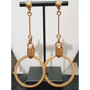 Gerard Yosca Statement Hammered Long Dangle Gold Tone Vintage Earrings Rare